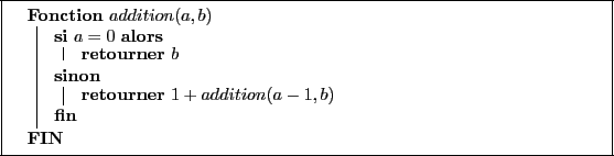 \begin{algorithm}[H]
\dontprintsemicolon
\Fonction{$addition(a, b)$}
{
\eSi{$a ...
...\Retourner{$b$}
}
{
\Retourner{$1 + addition(a - 1, b)$}
}
}
\end{algorithm}