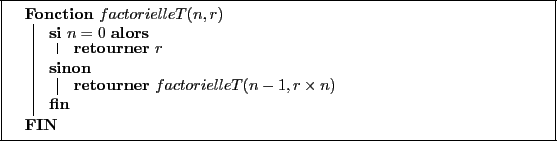 \begin{algorithm}[H]
\dontprintsemicolon
\Fonction{$factorielleT(n, r)$}
{
\eSi...
...{$r$}
}
{
\Retourner{$ factorielleT(n - 1, r \times n)$}
}
}
\end{algorithm}