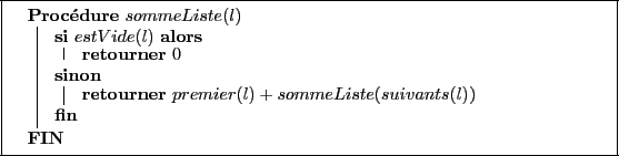 \begin{algorithm}[H]
\dontprintsemicolon
\Procedure{$sommeListe(l)$}
{
\eSi{$es...
...}
}
{
\Retourner{$premier(l) + sommeListe(suivants(l))$}
}
}
\end{algorithm}