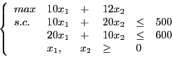 \begin{displaymath}
\left
\lbrace
\begin{array}{l l l l l l}
max & 10x_1 & + & 1...
...x_2 & \leq & 600\\
& x_1, & x_2 & \geq & 0
\end{array}\right.
\end{displaymath}