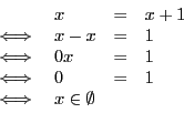 \begin{displaymath}
\begin{array}{l l l l}
&x& = & x + 1 \\
\iff & x - x & = & ...
... 1\\
\iff & 0 & = & 1\\
\iff & x \in \emptyset\\
\end{array}\end{displaymath}