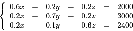 \begin{displaymath}
\left
\lbrace
\begin{array}{l l l l l l l}
0.6x & + & 0.2y ...
...
0.2x & + & 0.1y & + & 0.6z & = & 2400\\
\end{array}\right.
\end{displaymath}