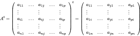 \begin{displaymath}
A^t
= \left(
\begin{array}{l l l l l}
a_{11} & \ldots & a_{...
...} & \ldots & a_{jn} & \ldots & a_{pn} \\
\end{array}
\right)
\end{displaymath}