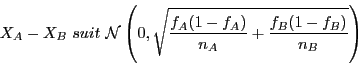 \begin{displaymath}X_A - X_B\ suit\ \mathcal{N}\left(0,
\sqrt{\frac{f_A(1-f_A)}{n_A} +
\frac{f_B(1-f_B)}{n_B}}\right) \end{displaymath}