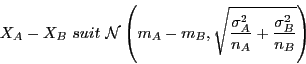 \begin{displaymath}X_A - X_B\ suit\ \mathcal{N}\left(m_A - m_B,
\sqrt{\frac{\sigma_A^2}{n_A} +
\frac{\sigma_B^2}{n_B}}\right) \end{displaymath}