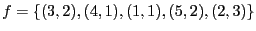 $f
= \{(3, 2), (4, 1), (1, 1), (5, 2), (2, 3)\}$